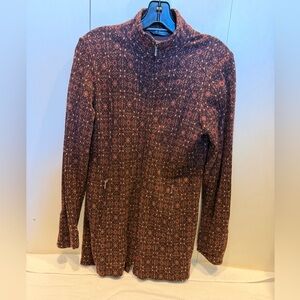 IBEX Merino Wo Zip Front Floral Print Jacket in Rust with tan accents